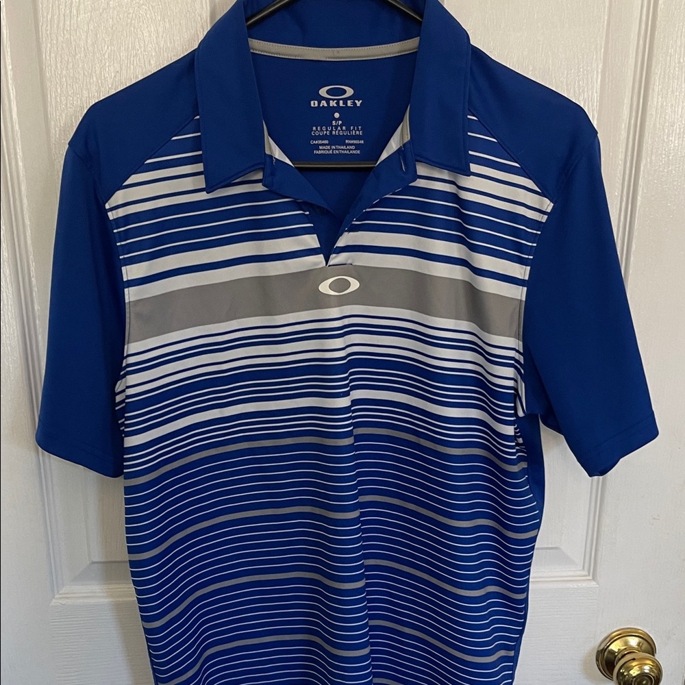 Oakley Men's Polo with Blue and Gray Stripes